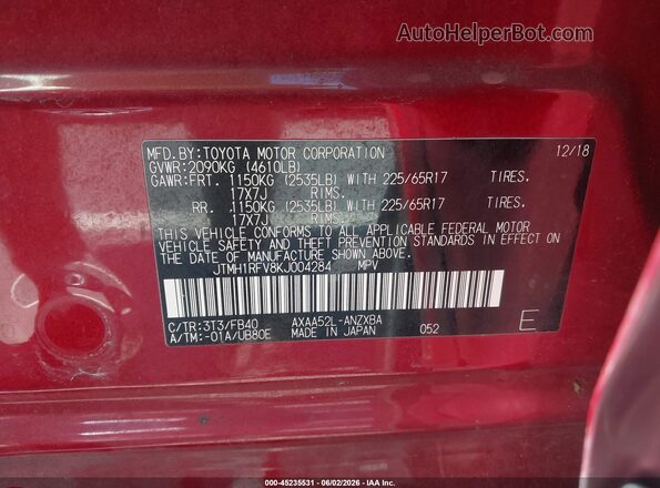 JTMH1RFV8KJ004284 2019 TOYOTA RAV4 Red Engine compartment view