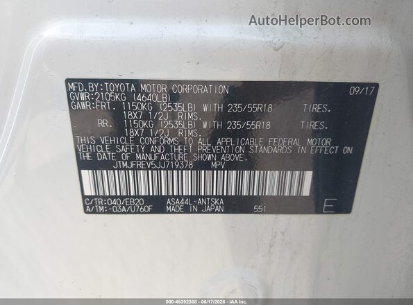 JTMJFREV5JJ719378 2018 TOYOTA RAV4 White Widok komory silnika