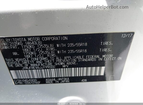 JTMJFREV6JJ199000 2018 TOYOTA RAV4 White Շարժիչի բաժամունքի տեսք