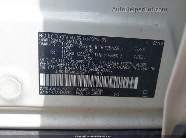 JTMK1RFV4KJ015627 2019 TOYOTA RAV4 Белый Вид подкапотного пространства
