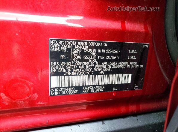 JTMK1RFV5KD018017 2019 TOYOTA RAV4 Burgundy 