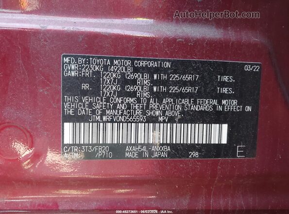 JTMLWRFV0ND565593 2022 TOYOTA RAV4 HYBRID Красный Вид подкапотного пространства