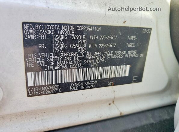 JTMLWRFV6LD058162 2020 TOYOTA RAV4 White VIN კოდის სტიკერის ხედი