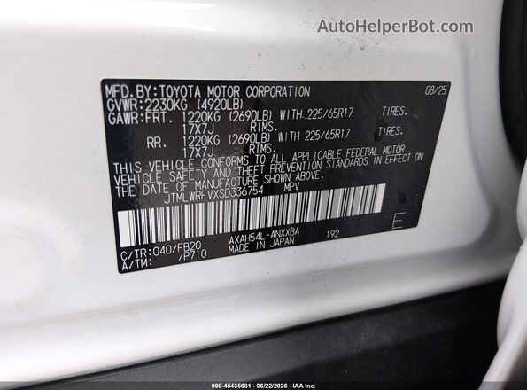 JTMLWRFVXSD336754 2025 TOYOTA RAV4 HYBRID White Vista del compartimento del motor