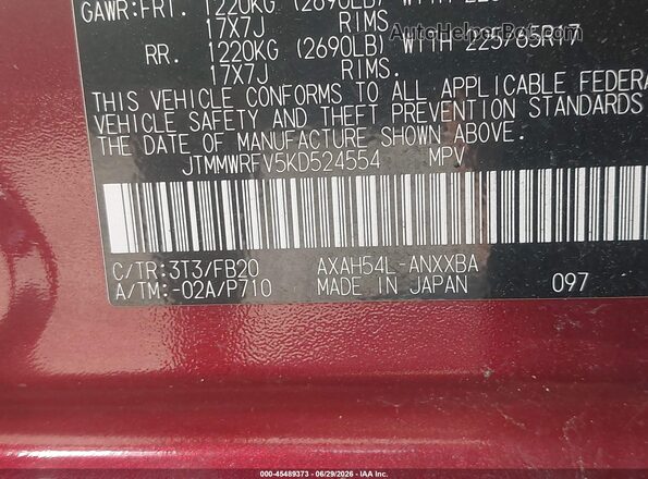 JTMMWRFV5KD524554 2019 TOYOTA RAV4 HYBRID Red ძრავის განყოფილების ხედი