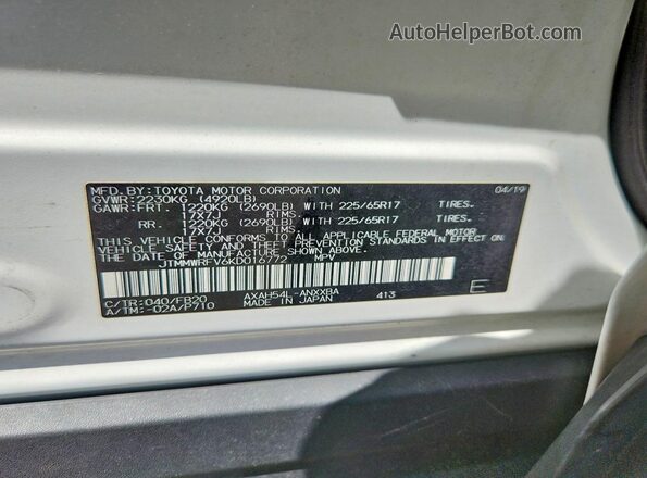 JTMMWRFV6KD016772 2019 TOYOTA RAV4 White Вид наклейки з VIN-кодом