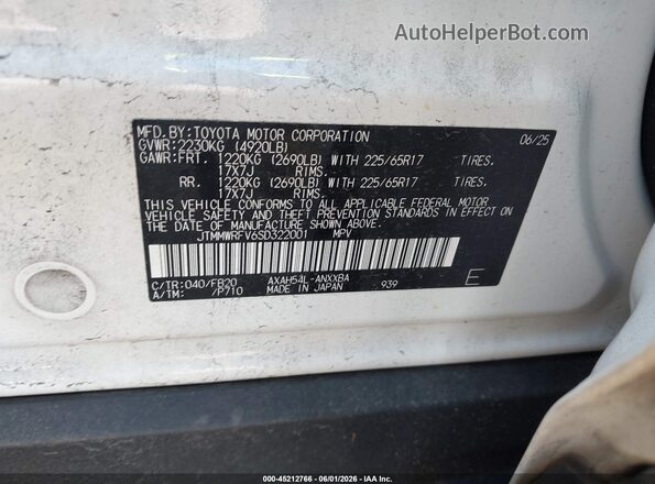 JTMMWRFV6SD322001 2025 TOYOTA RAV4 HYBRID White 