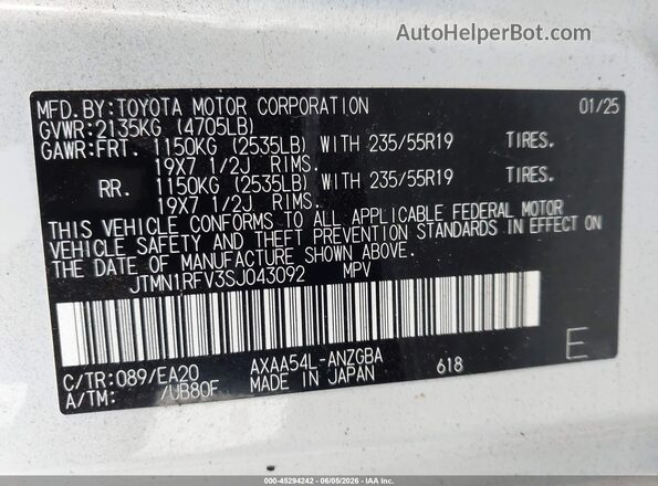 JTMN1RFV3SJ043092 2025 TOYOTA RAV4 White 