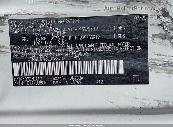 JTMN1RFV8LD068702 2020 TOYOTA RAV4 White Widok komory silnika