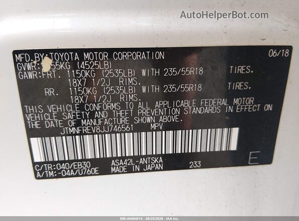 JTMNFREV8JJ746561 2018 TOYOTA RAV4 White Շարժիչի բաժամունքի տեսք