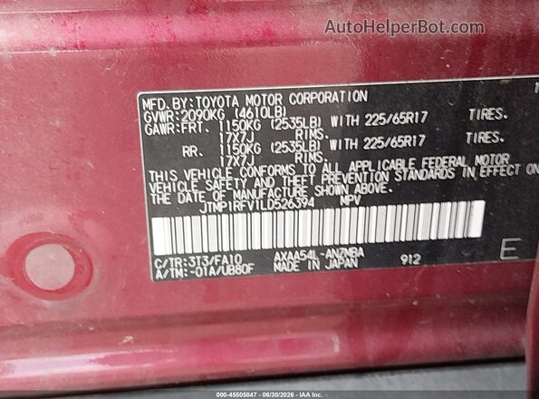 JTMP1RFV1LD526394 2020 TOYOTA RAV4 Burgundy ძრავის განყოფილების ხედი