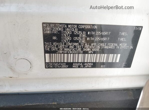 JTMP1RFV3KD002730 2019 TOYOTA RAV4 White Engine compartment view