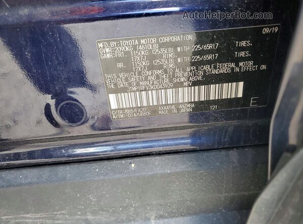 JTMP1RFV3KD043939 2019 TOYOTA RAV4 Blue VIN կոդի պիտակի տեսք