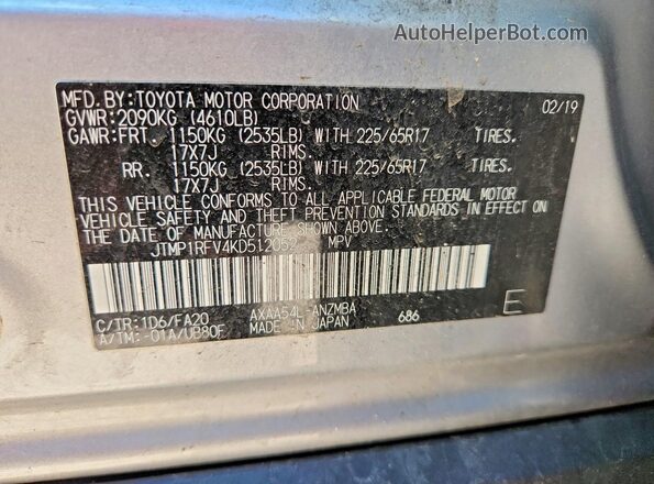 JTMP1RFV4KD512052 2019 TOYOTA RAV4 Silver Widok naklejki z numerem VIN