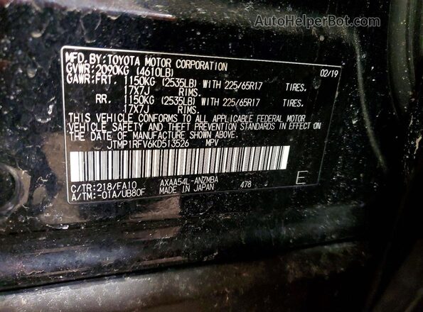 JTMP1RFV6KD513526 2019 TOYOTA RAV4 Black Widok naklejki z numerem VIN
