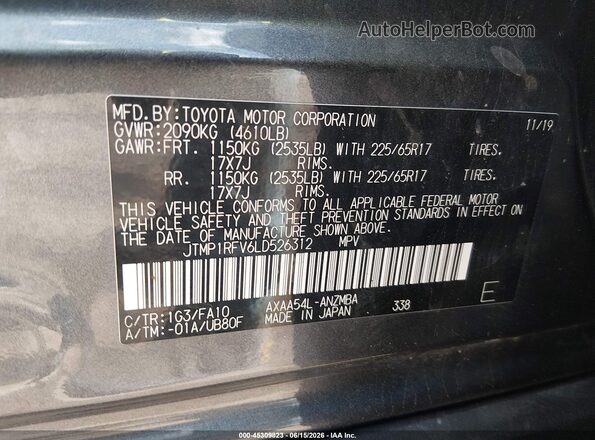JTMP1RFV6LD526312 2020 TOYOTA RAV4 Gray Vista del compartimento del motor