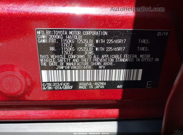 JTMP1RFV8KD014498 2019 TOYOTA RAV4 Красный Вид подкапотного пространства