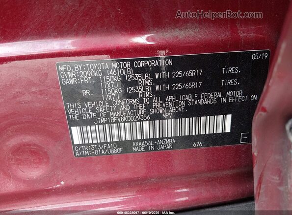 JTMP1RFV8KD029356 2019 TOYOTA RAV4 Red Вид підкапотного простору