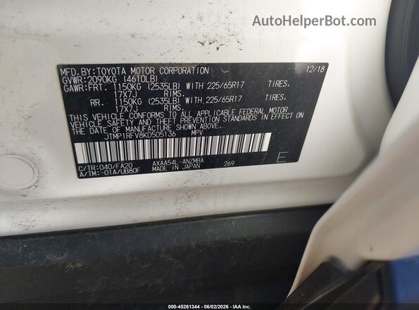 JTMP1RFV8KD505136 2019 TOYOTA RAV4 White 