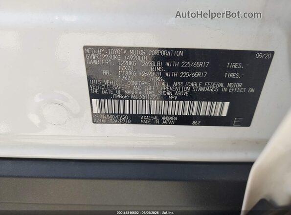 JTMR6RFV6LD001325 2020 TOYOTA RAV4 HYBRID White ძრავის განყოფილების ხედი