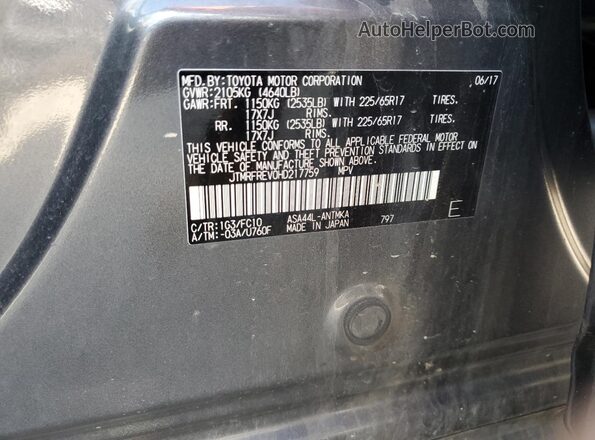JTMRFREV0HD217759 2017 TOYOTA RAV4 Gray VIN sticker view