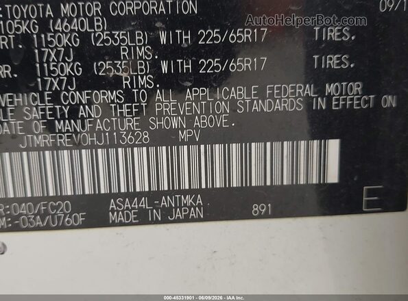 JTMRFREV0HJ113628 2017 TOYOTA RAV4 White Շարժիչի բաժամունքի տեսք