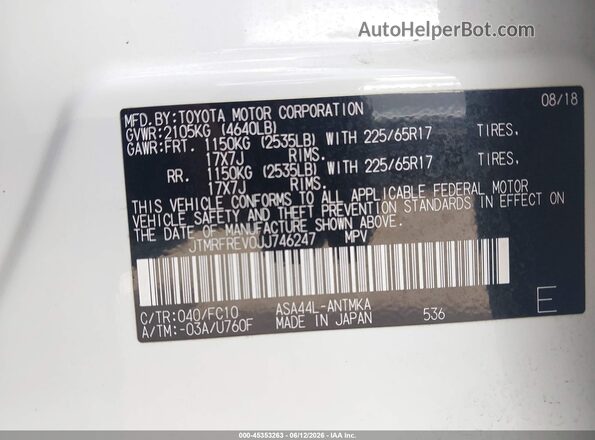 JTMRFREV0JJ746247 2018 TOYOTA RAV4 White Engine compartment view