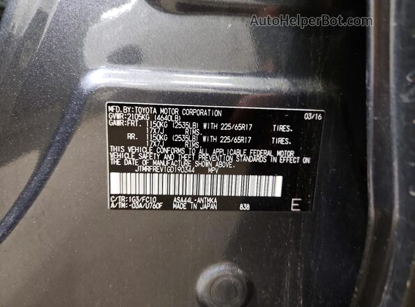JTMRFREV1GD190344 2016 TOYOTA RAV4 Gray VIN sticker view