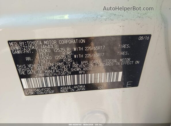 JTMRFREV1HJ108129 2017 TOYOTA RAV4 White ძრავის განყოფილების ხედი