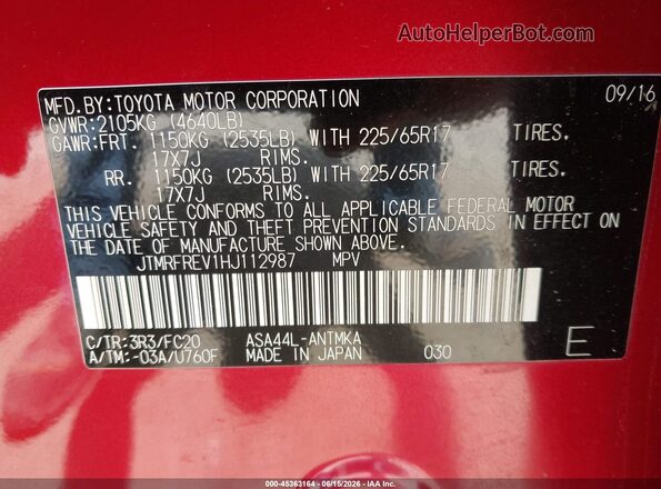 JTMRFREV1HJ112987 2017 TOYOTA RAV4 Red Engine compartment view