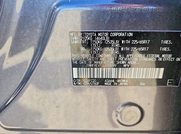 JTMRFREV1JJ192099 2018 TOYOTA RAV4 Gray 