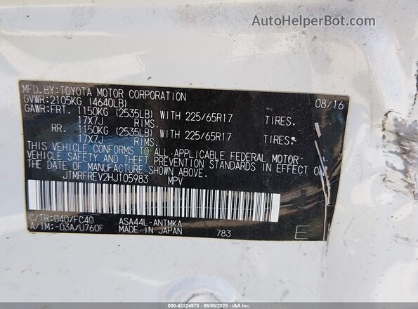JTMRFREV2HJ105983 2017 TOYOTA RAV4 White Widok komory silnika