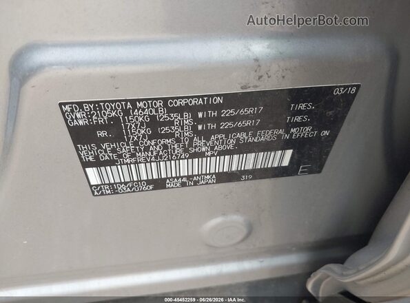 JTMRFREV4JJ216749 2018 TOYOTA RAV4 Серебряный Вид подкапотного пространства