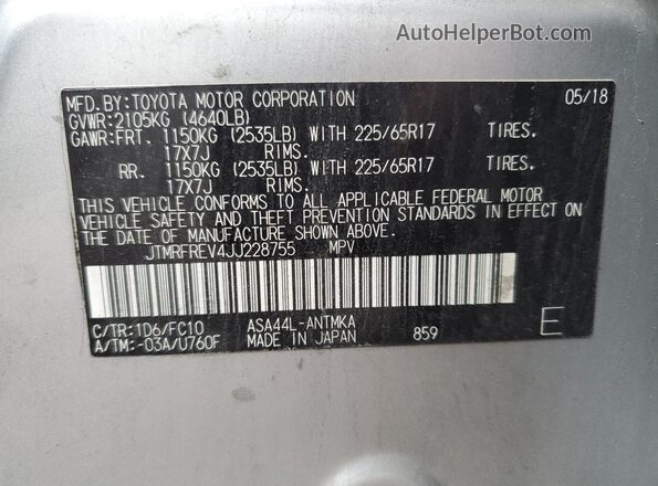 JTMRFREV4JJ228755 2018 TOYOTA RAV4 Silver VIN sticker view