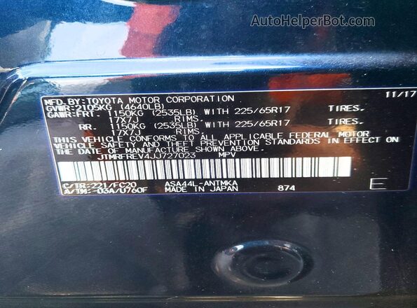 JTMRFREV4JJ727023 2018 TOYOTA RAV4 Blue Вид наклейки з VIN-кодом