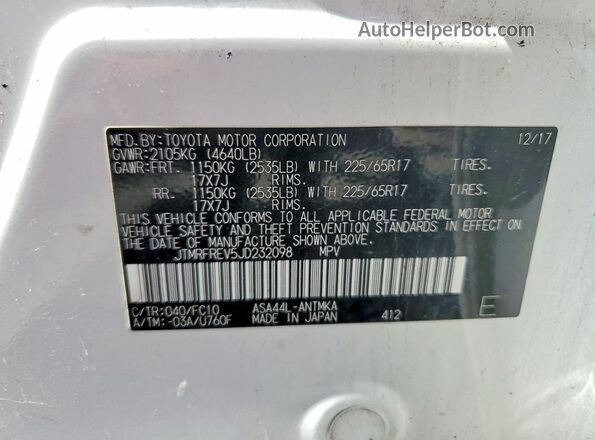 JTMRFREV5JD232098 2018 TOYOTA RAV4 White 