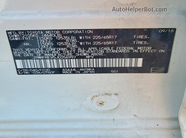 JTMRFREV5JD256997 2018 TOYOTA RAV4 White Vista de la etiqueta del VIN