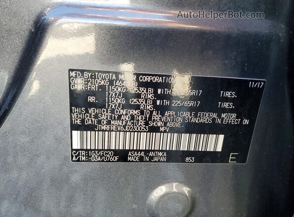 JTMRFREV6JD230053 2018 TOYOTA RAV4 Gray Widok naklejki z numerem VIN