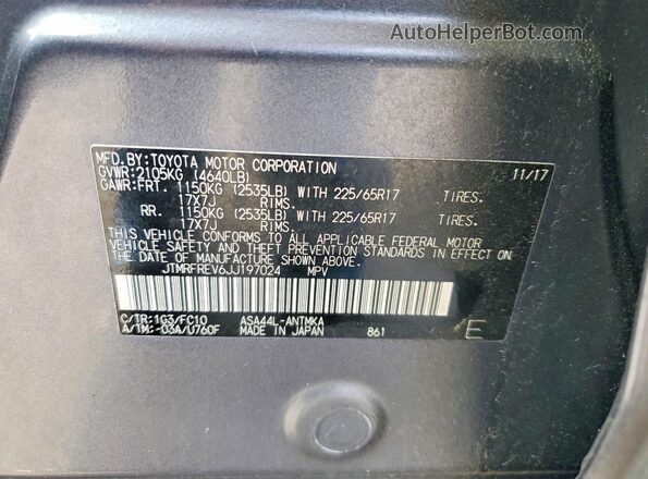 JTMRFREV6JJ197024 2018 TOYOTA RAV4 Gray VIN կոդի պիտակի տեսք