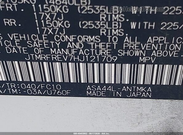 JTMRFREV7HJ121709 2017 TOYOTA RAV4 White Շարժիչի բաժամունքի տեսք