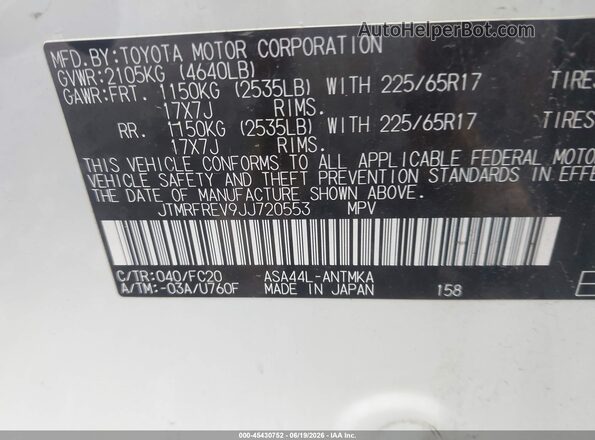 JTMRFREV9JJ720553 2018 TOYOTA RAV4 White Widok komory silnika