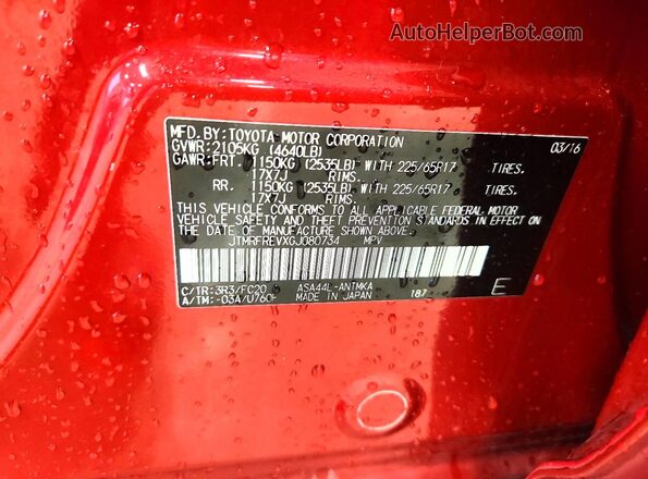 JTMRFREVXGJ080734 2016 TOYOTA RAV4 Red VIN კოდის სტიკერის ხედი