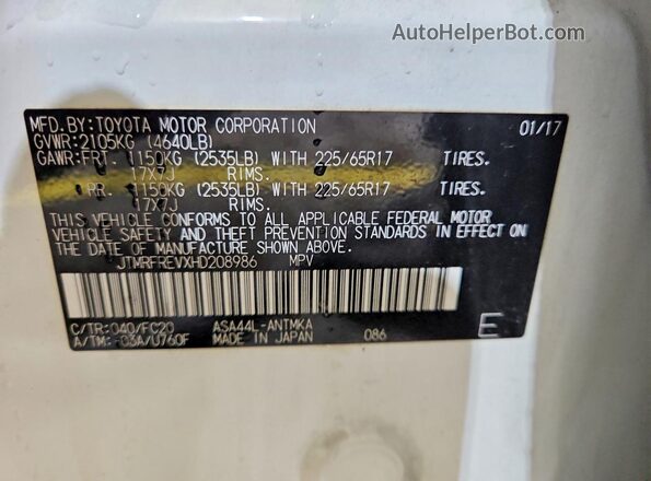 JTMRFREVXHD208986 2017 TOYOTA RAV4 White 