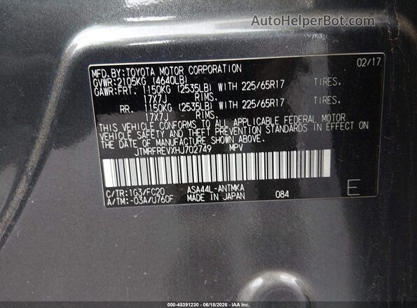 JTMRFREVXHJ702749 2017 TOYOTA RAV4 Gray Вид підкапотного простору