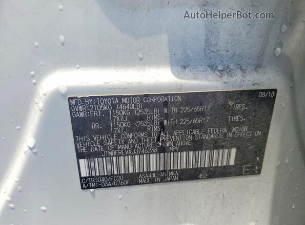 JTMRFREVXJJ746238 2018 TOYOTA RAV4 White VIN კოდის სტიკერის ხედი
