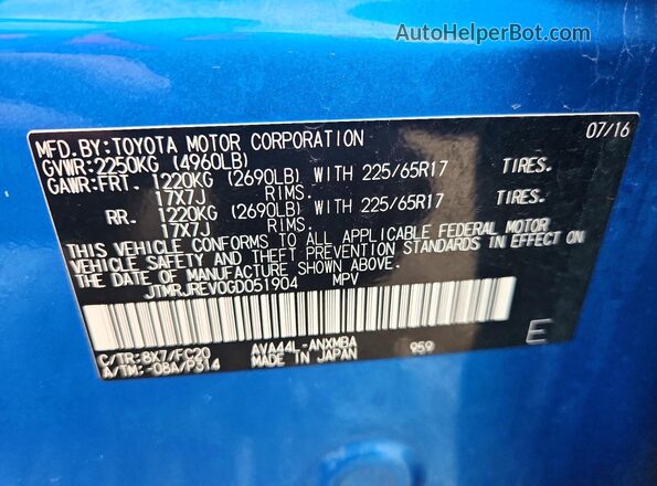 JTMRJREV0GD051904 2016 TOYOTA RAV4 Blue Widok naklejki z numerem VIN