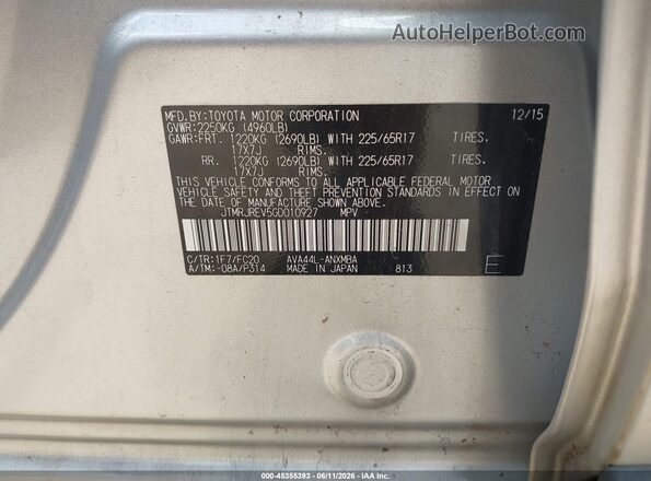 JTMRJREV5GD010927 2016 TOYOTA RAV4 HYBRID Silver Vista de la etiqueta del VIN