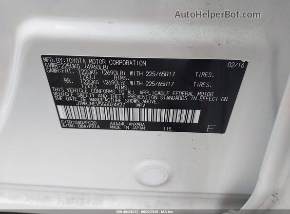 JTMRJREV5GD024827 2016 TOYOTA RAV4 HYBRID White Շարժիչի բաժամունքի տեսք