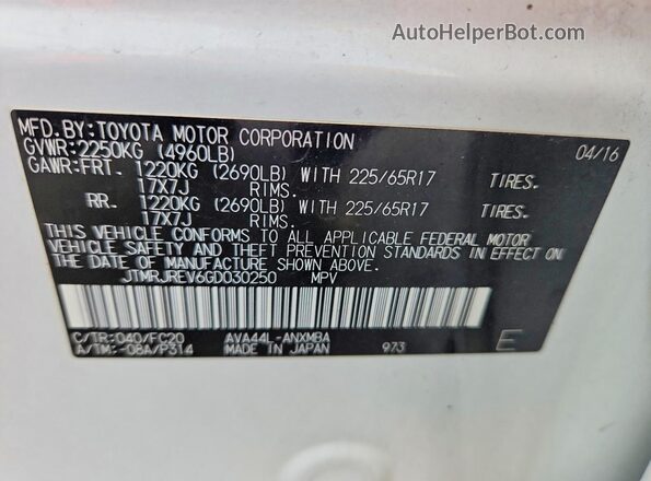 JTMRJREV6GD030250 2016 TOYOTA RAV4 White VIN կոդի պիտակի տեսք