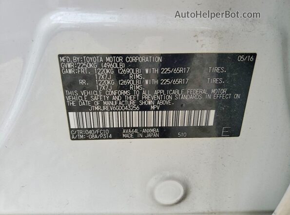 JTMRJREV6GD043256 2016 TOYOTA RAV4 White 